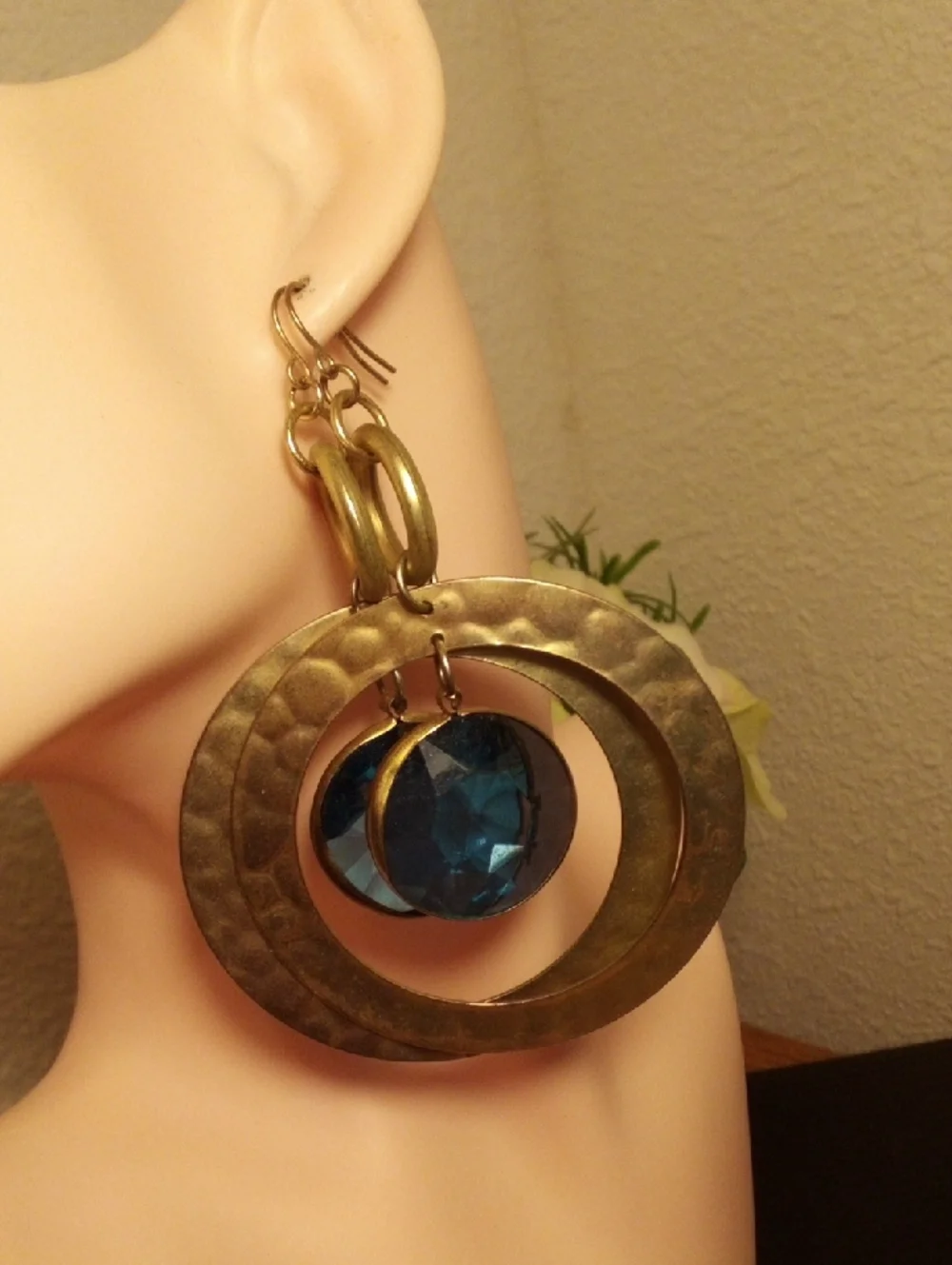 Hammered Gold-Tone Hoop Earrings with Faceted Blue Crystal Drops